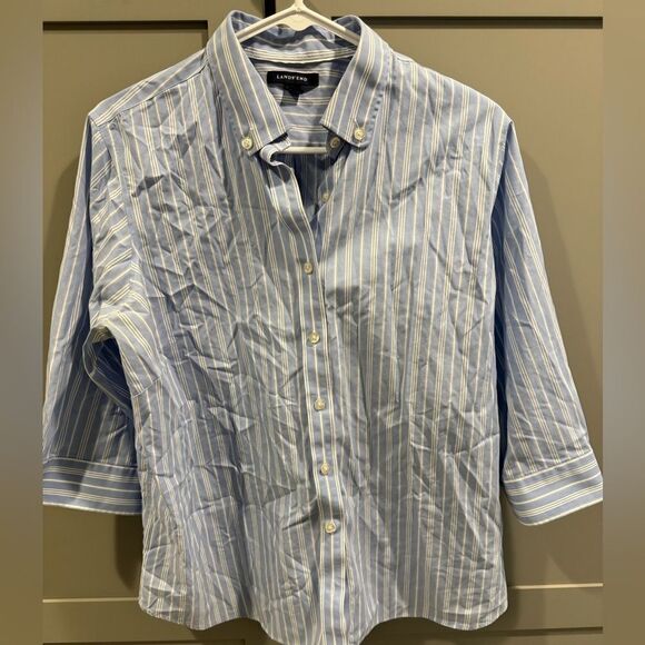 Lands End blouse. 3/4 quarter sleeves. Blue and white - Picture 1 of 10
